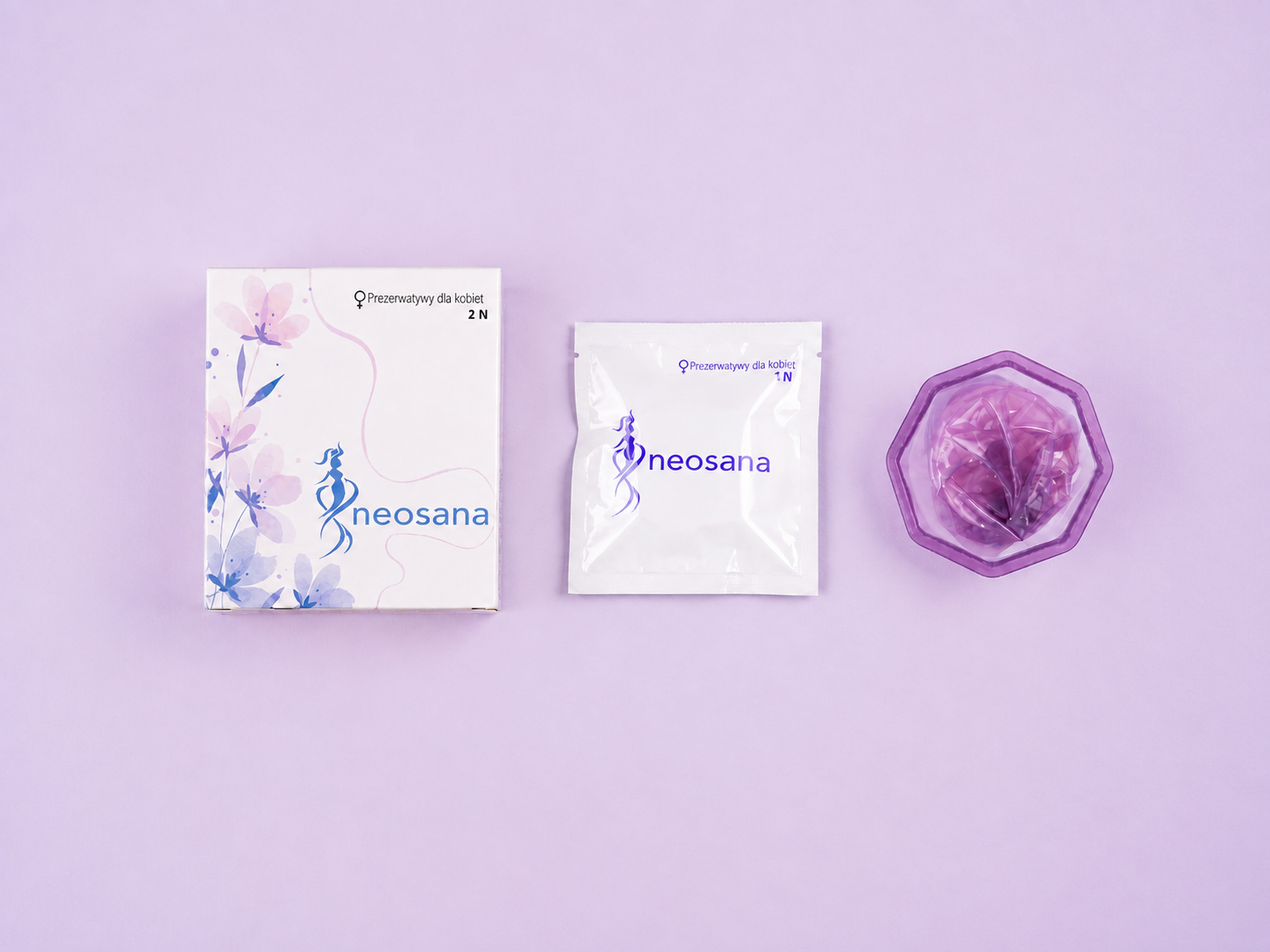 Prezerwatywy dla kobiet Neosana — opakowanie i produkt