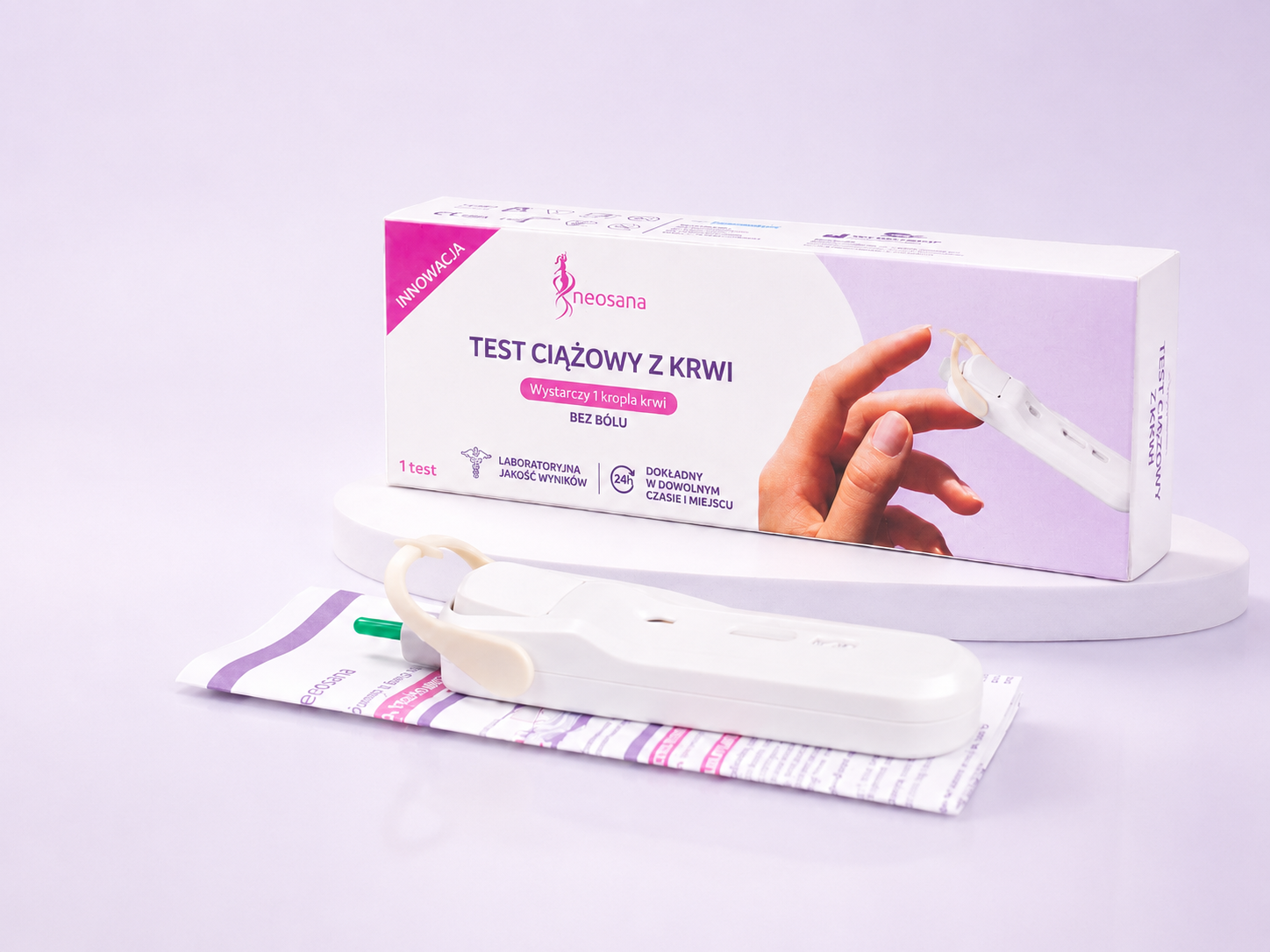 Test ciążowy z krwi Neosana — opakowanie i urządzenie